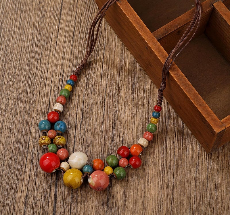 DS Boho Beaded Necklace for Women–Colorful Ceramic & African Tribal Beads, Adjustable Long Chunky Bohemian Jewelry with Gift Box Packaging,Hippie Witchy Vintage Handmade Fashion Statement Necklace - Image 3